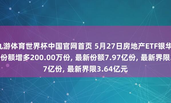 九游体育世界杯中国官网首页 5月27日房地产ETF银华(159768)份额增多200.00万份， 最新份额7.97亿份， 最新界限3.64亿元